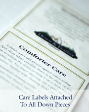 Care label attached to down comforter